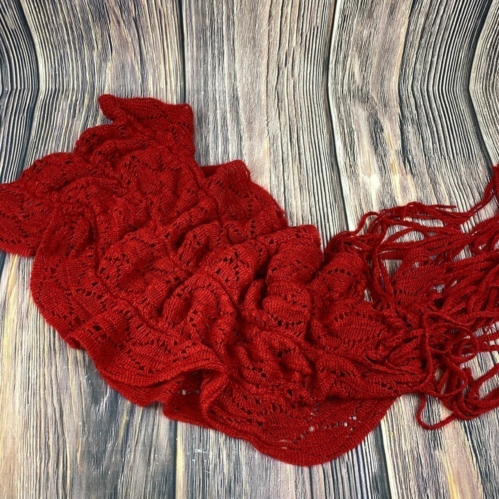 Beautiful Ruby Red Crochet Scarf w/ Fringe Ends